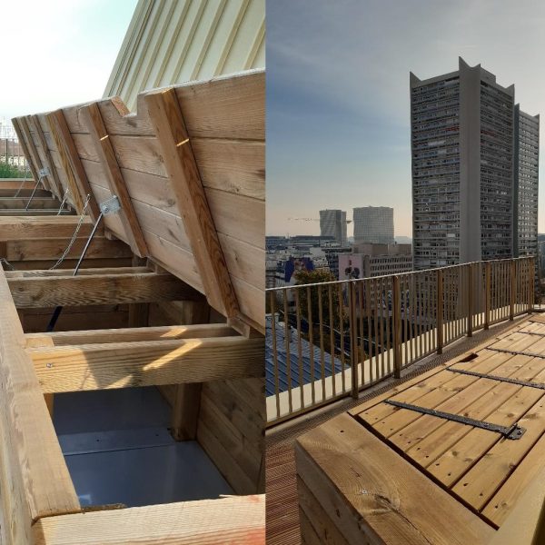 Composteur collectif posé sur un toit terrasse de Paris au 9 ème étage. Couvercle sur verrin et façade amovible